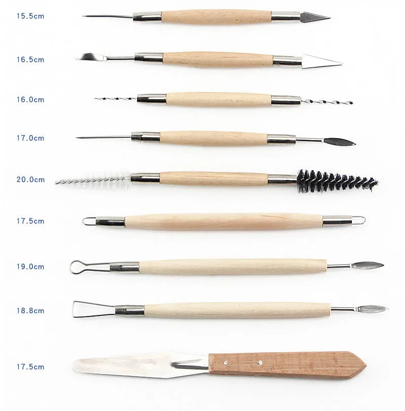 27-piece pottery clay tool set with stainless steel sculpting tools and OPP storage bag.