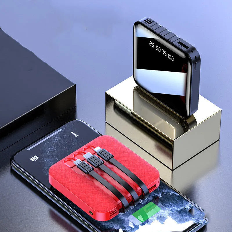 Black power bank with integrated charging cable showing 20000mAh capacity and compact 80mm dimensions