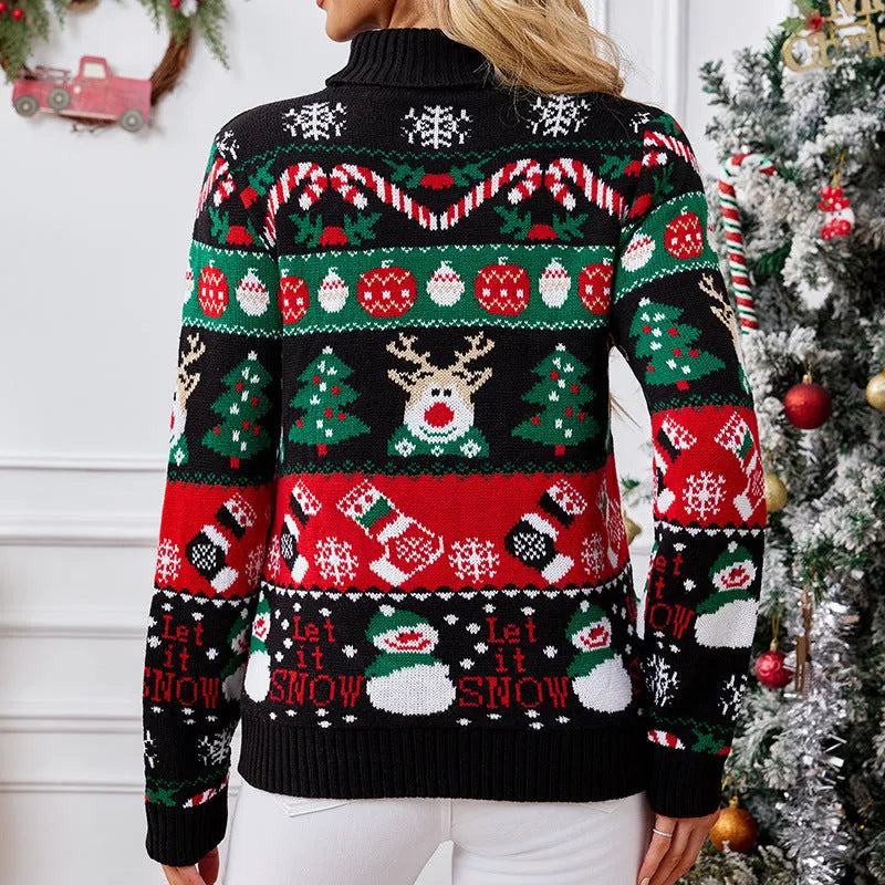 Women's black slim fit turtleneck sweater with animal pattern and contrast colour, long sleeves, acrylic, sizes S to XXL.