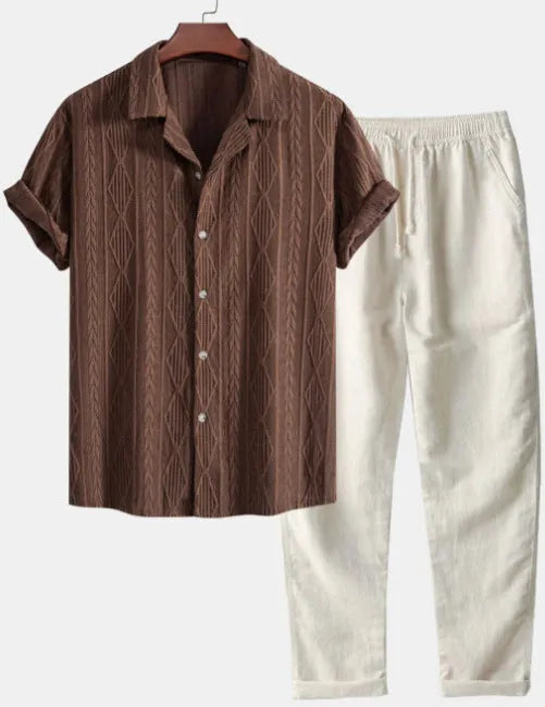 Camouflage print short-sleeved shirt and trousers suit with cardigan lapel, slim fit, and thin linen fabric for leisure wear