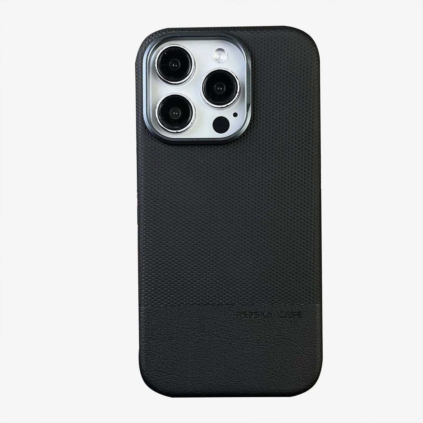 iPhone magnetic phone case with dragon scale texture and stitching detail in black, grey and green colours