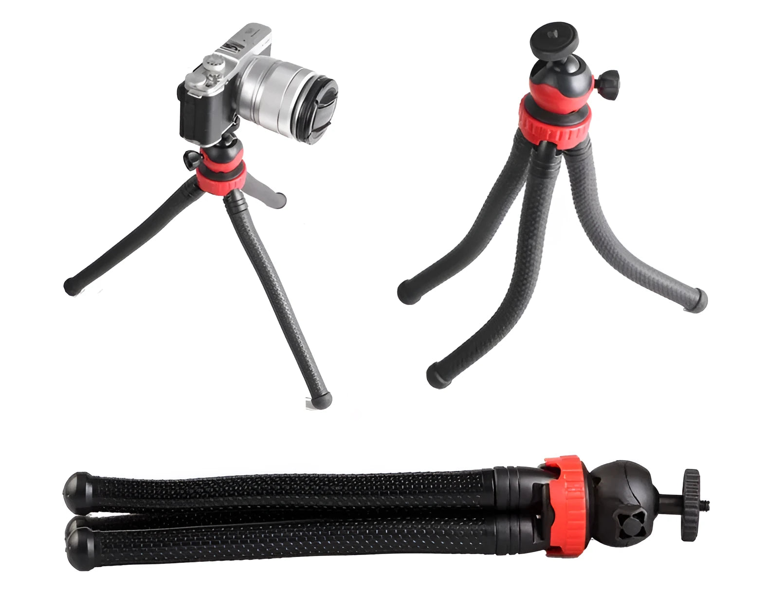 Black octopus flexible tripod stand with spherical gimbal head for mounting phones and cameras.