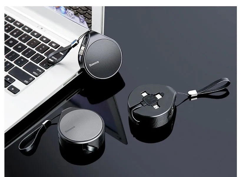 Telescopic three-in-one fast charging data cable extended to 1m, showing connectors for Lightning, micro-USB, and USB-C.