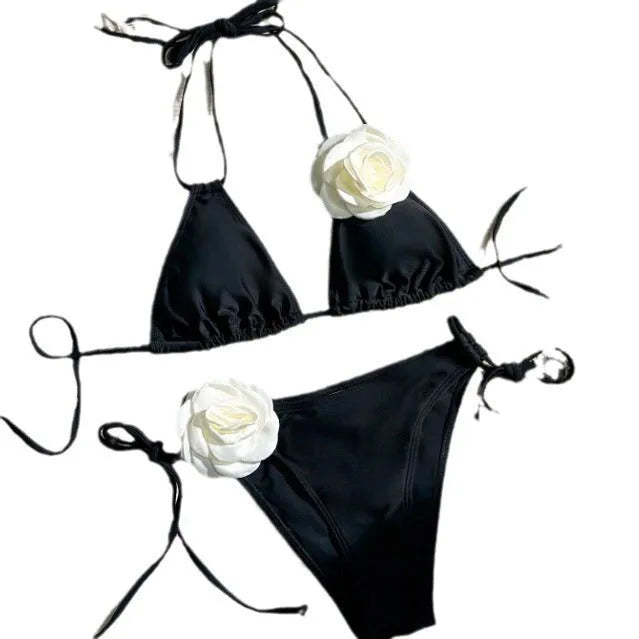 Black three-dimensional flower lace bikini with backless briefs and split design