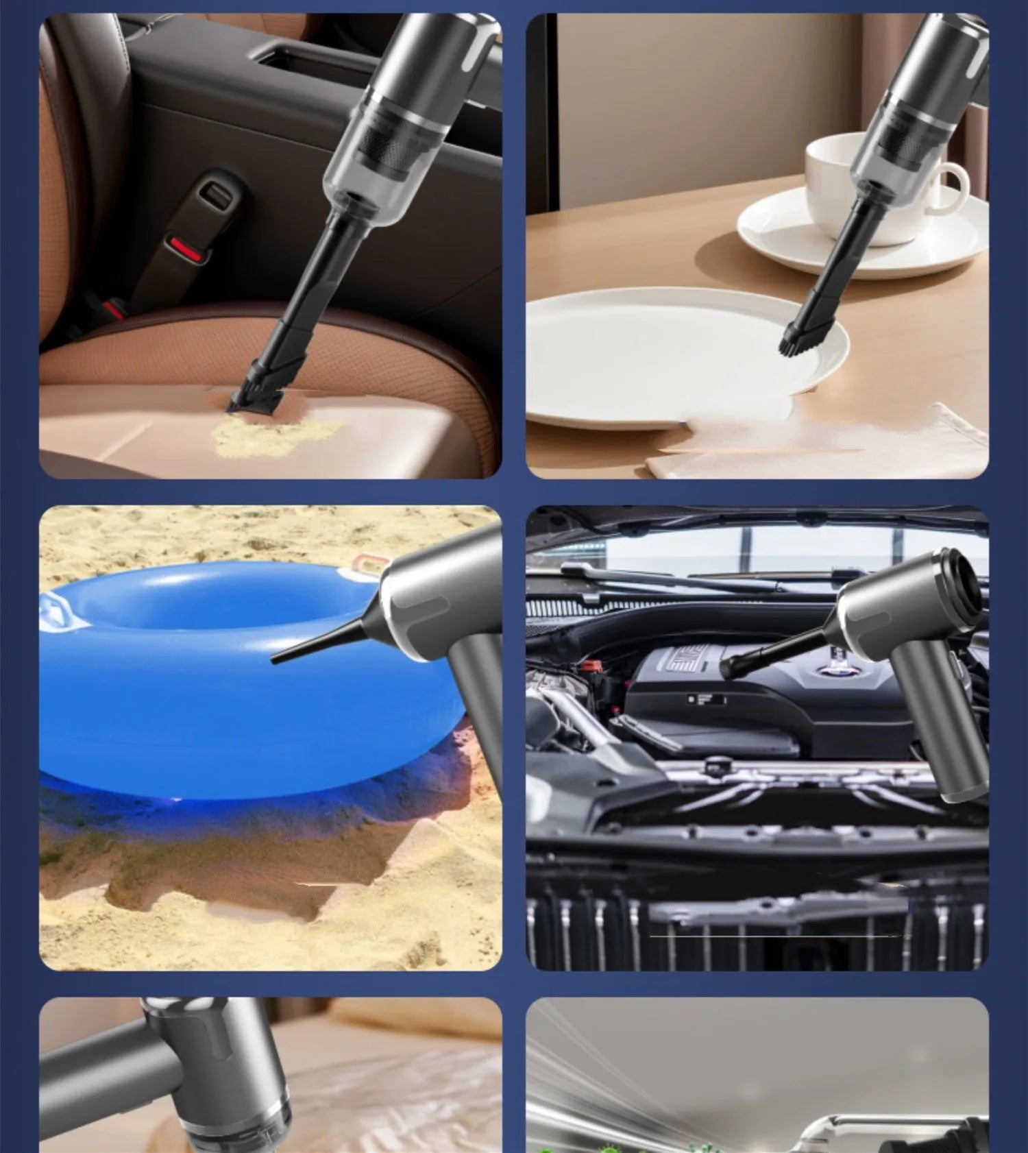 XY-2317 wireless handheld vacuum cleaner with attachments and car mount on a table