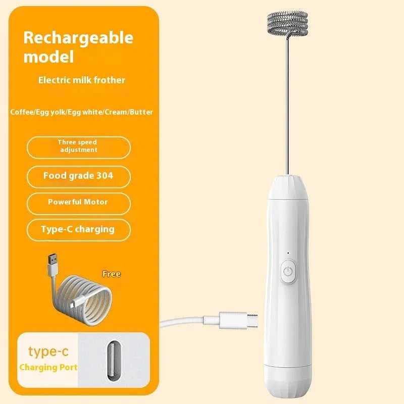 Mini handheld milk frother with stainless steel whisk and USB charging port in black colour option