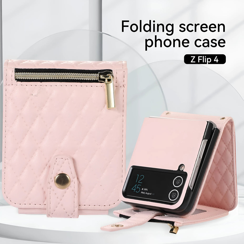 Crossbody PU leather phone case for Samsung Z Flip with card slot, zipper bag, and lanyard in black.