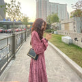 Red floral knitted cotton dress with elastic high waist and princess sleeves in fresh sweet style