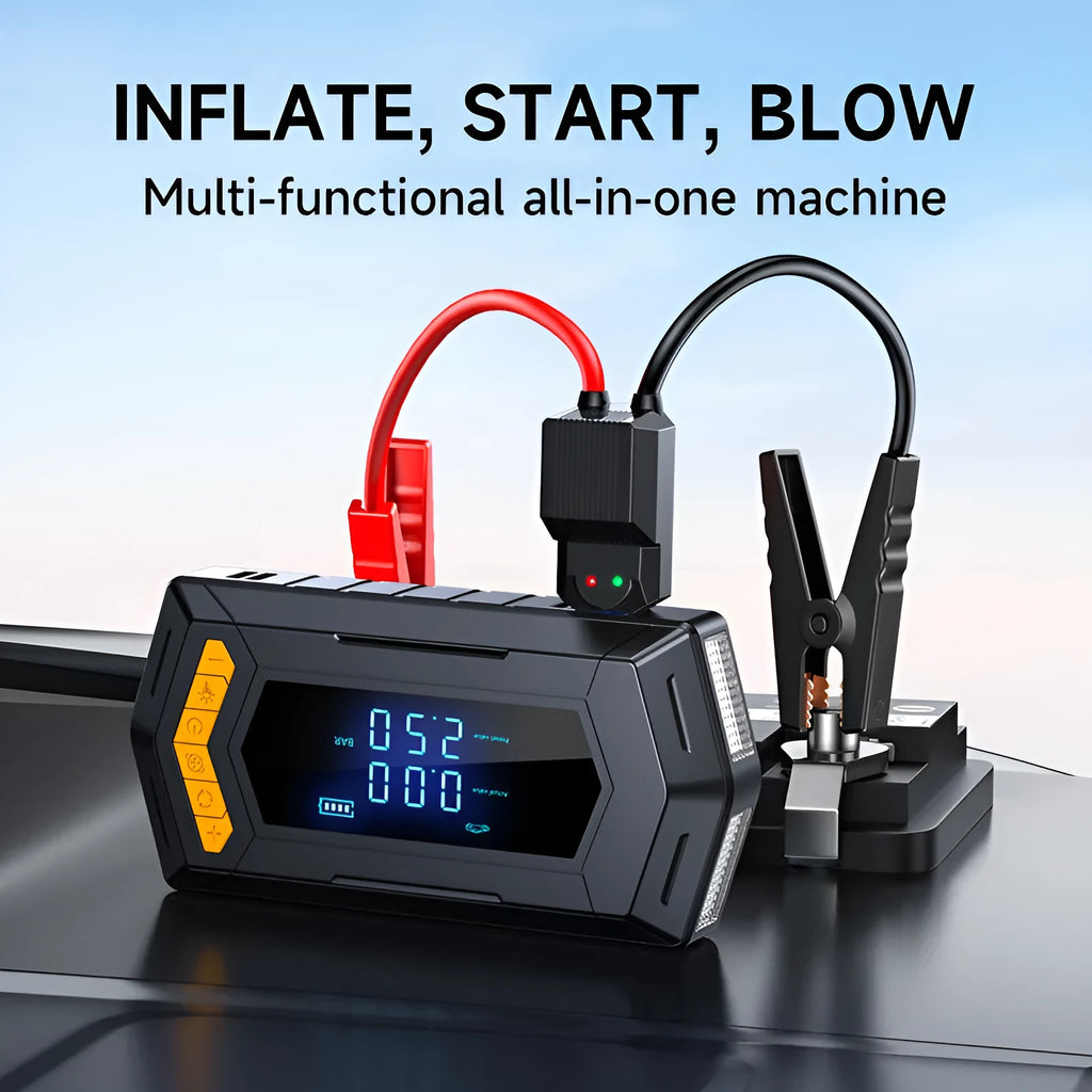 Portable car jump starter and tyre inflator with smart battery clips and EVA bag, 10000mAh or 12000mAh, PC ABS body.