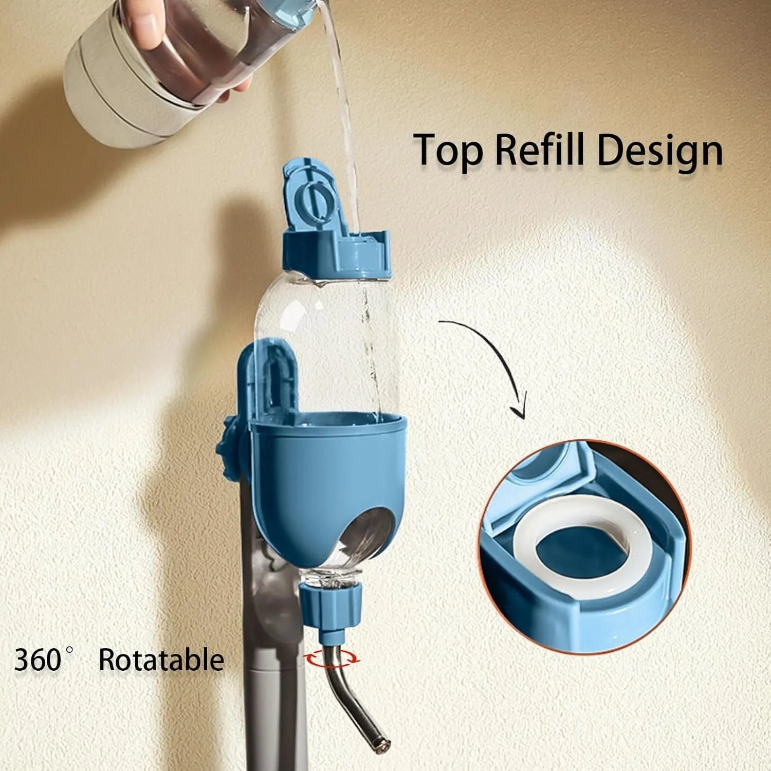 Blue pet water bottle with rotatable nozzle for small animal cages, showing 500ml capacity and stainless steel ball