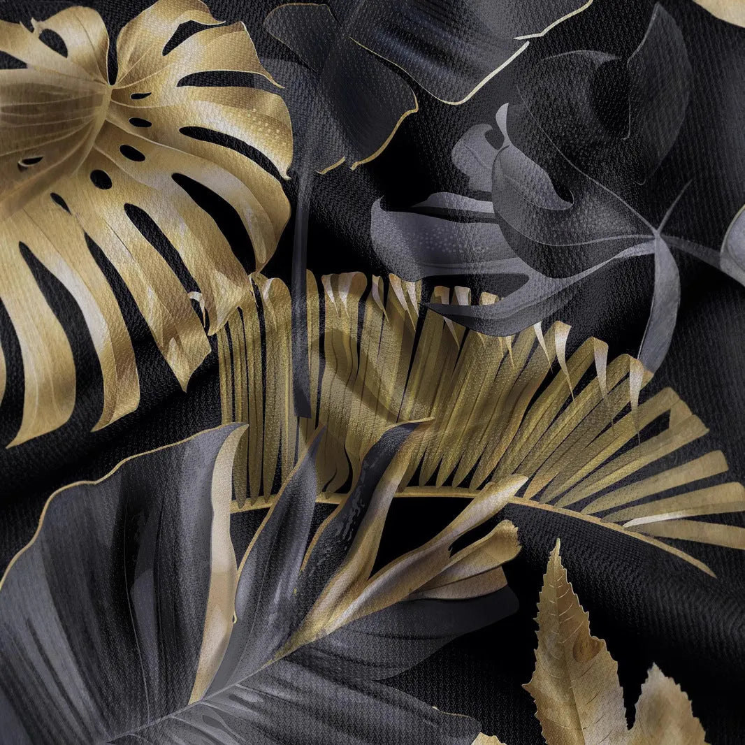 Men's gold short sleeve shirt with a large tropical leaf plant pattern print