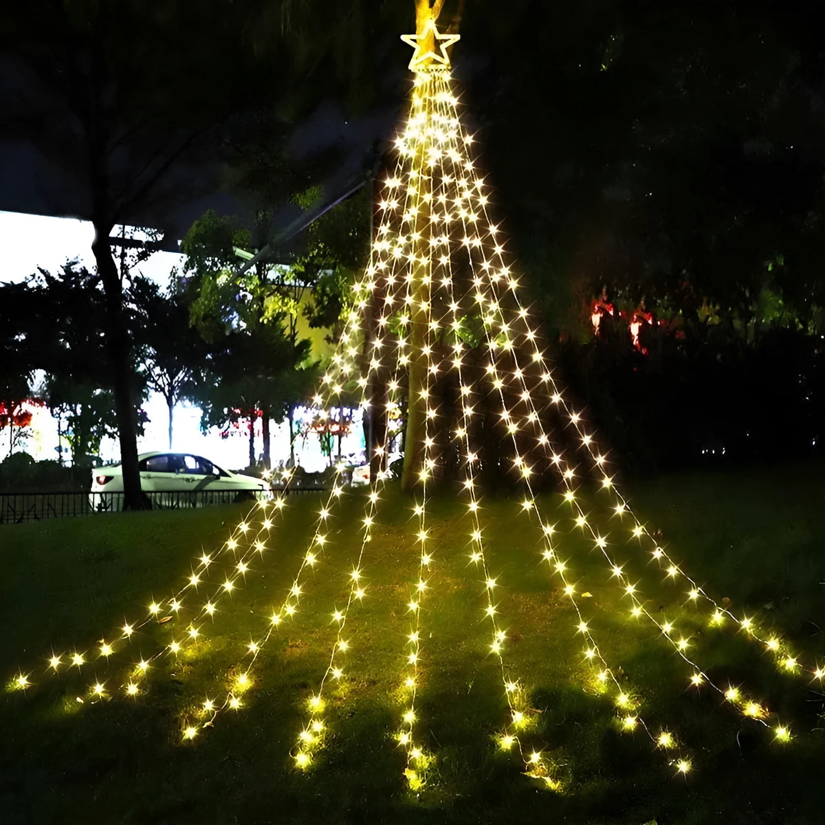 LED five-pointed star waterfall light, 1000 mm, PVC shell, IP44, warm white or four-colour, indoor outdoor decoration