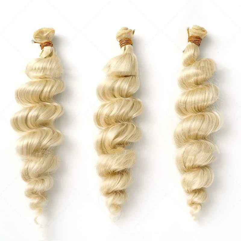 A golden synthetic wig for women shown in 18-inch, 20-inch and 22-inch length options.