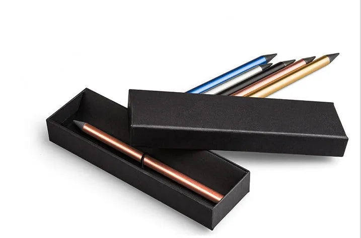 Inkless metal pen with 0.5mm alloy nib in silver, gold, rose gold, black, or blue finish, showing 16cm length and included spare nib