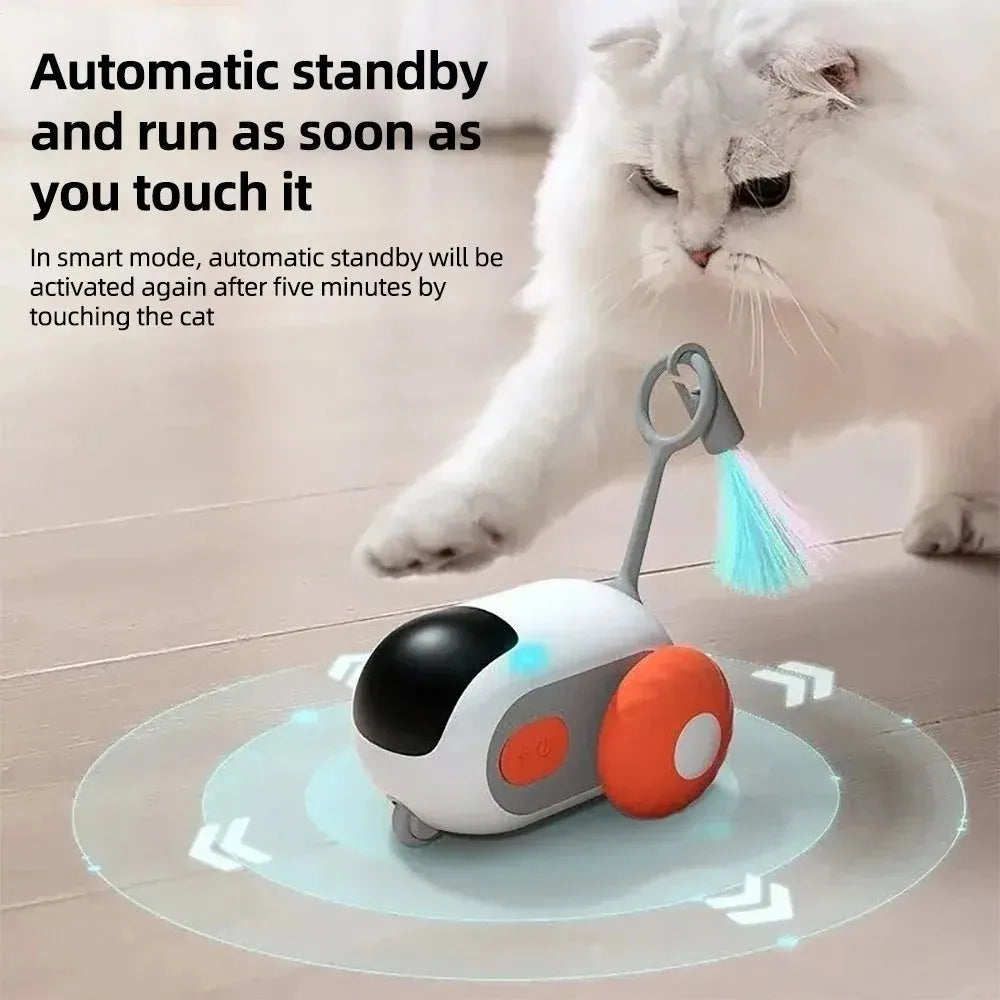 Blue interactive smart cat toy with remote control and feather teaser for automatic and controlled pet play