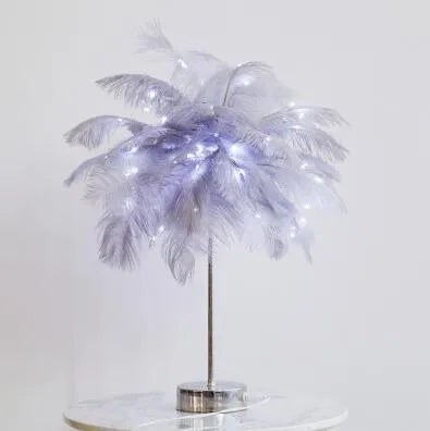 Feather table lamp with remote control, USB or battery power, 50 feathers, soft light for bedside or desk