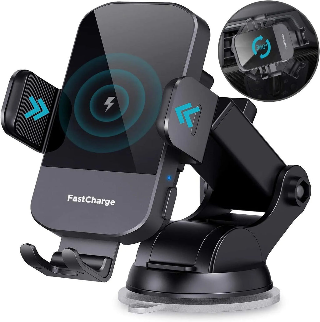 Black car wireless charging stand mounted to dashboard with 15W fast charging for smartphones
