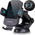 Black car wireless charging stand mounted to dashboard with 15W fast charging for smartphones
