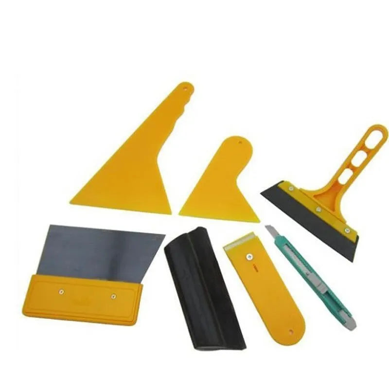 Seven-piece car foil tool set including scrapers, knives, and pressing block for film application