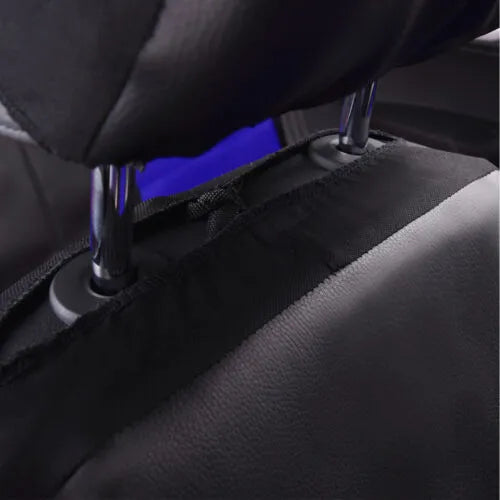9-piece artificial leather car seat cover set showing 135cm backrest and 118cm front seat covers with installation hooks