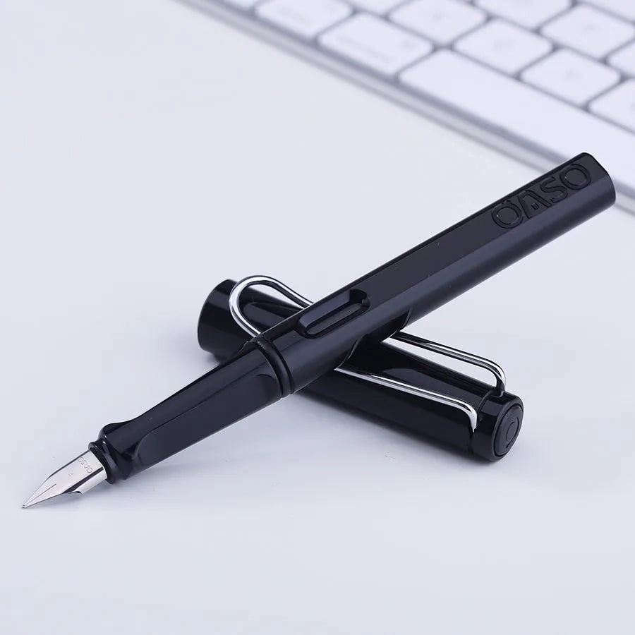 0.5mm ink sac pen with plastic body in six colours showing steel nib and refillable ink bag system