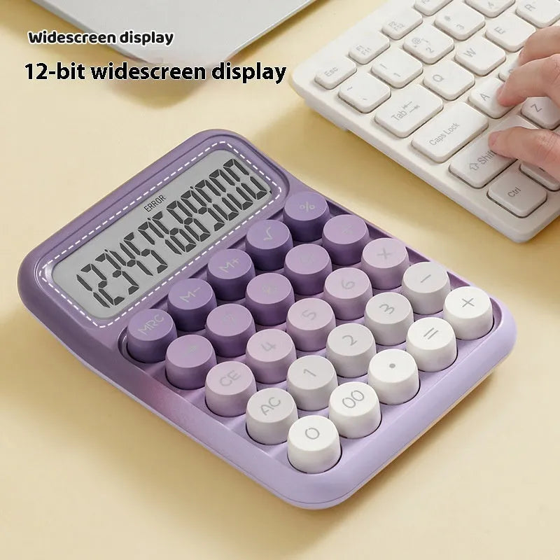Round mechanical keyboard calculator with gradient colour finish and LCD display