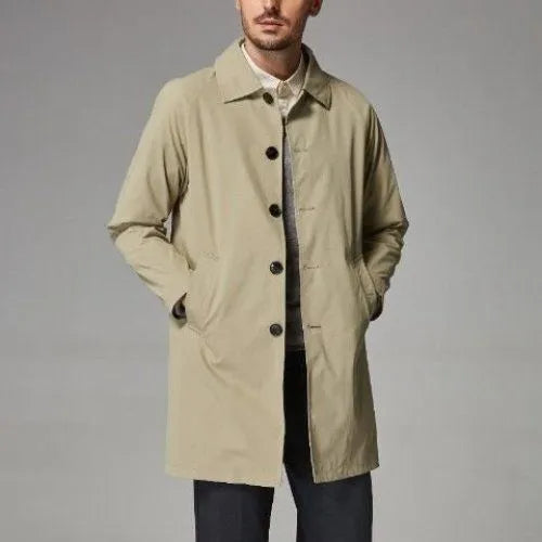 Men's khaki trench coat with loose casual fit and mid-length design