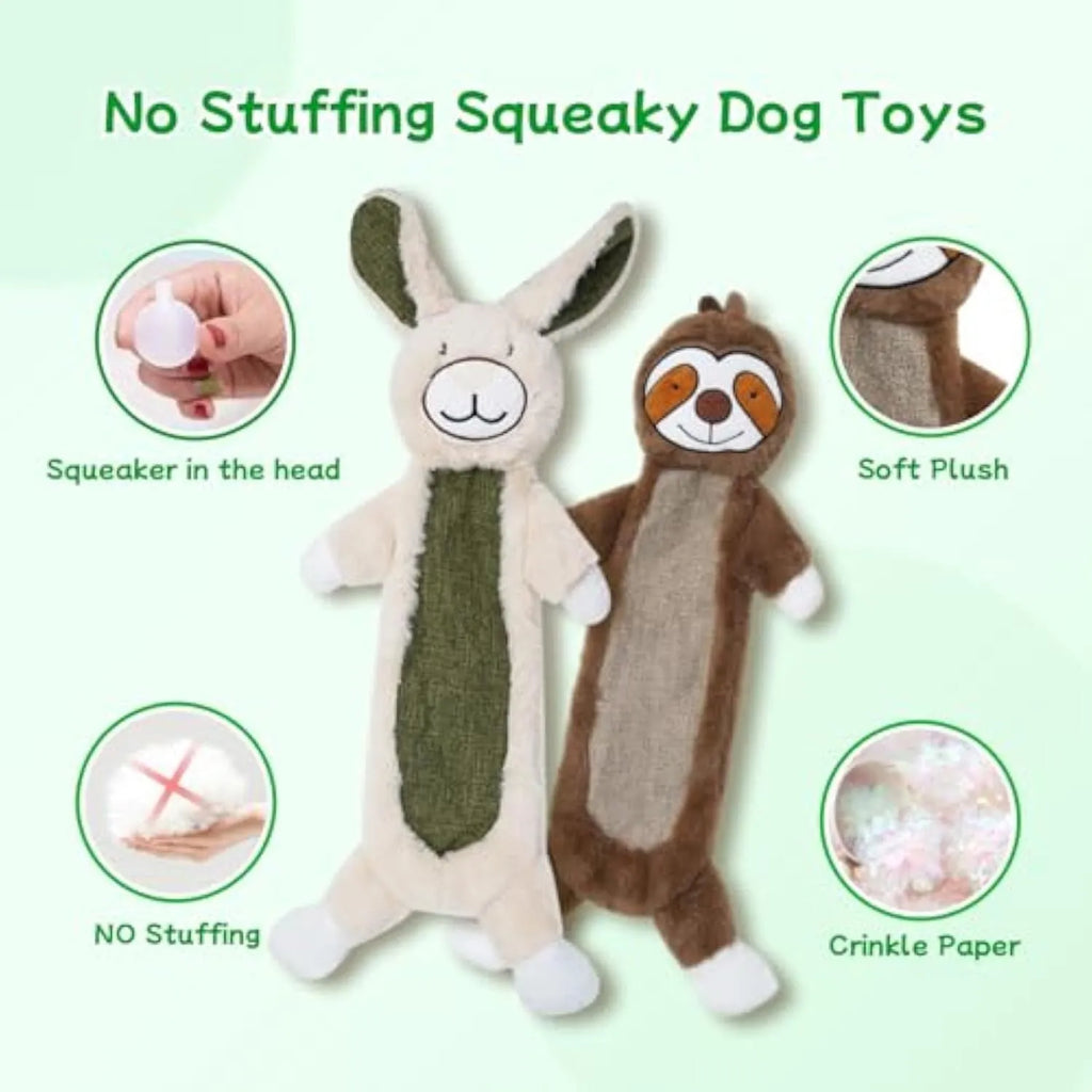 No stuffing plush dog toy with crinkle paper inside featuring rabbit and sloth character designs