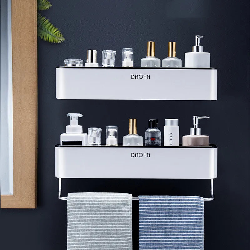 Plastic bathroom wall shelf with hole-free installation for shampoo and cosmetics storage