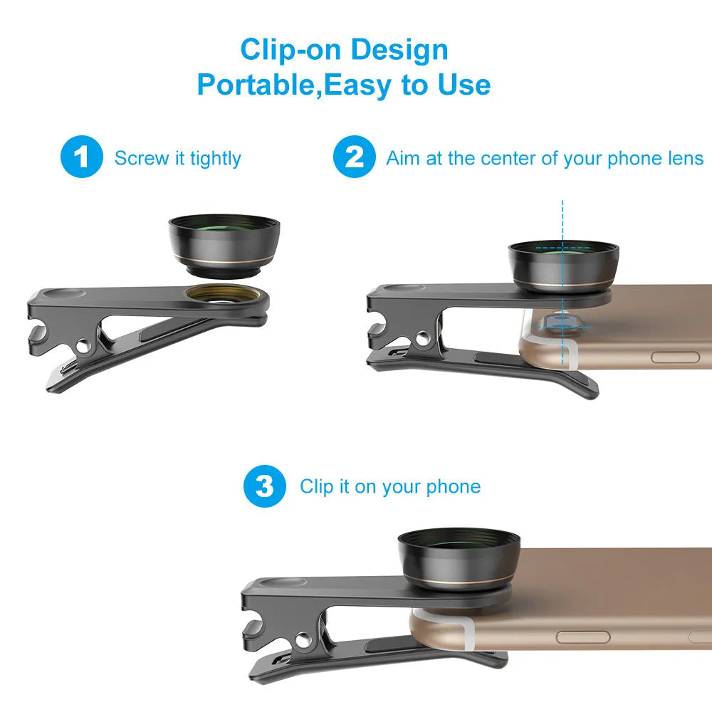 Black 6-in-1 mobile phone lens kit with fisheye, wide-angle, macro, telephoto, CPL, and star filter lenses on universal clip