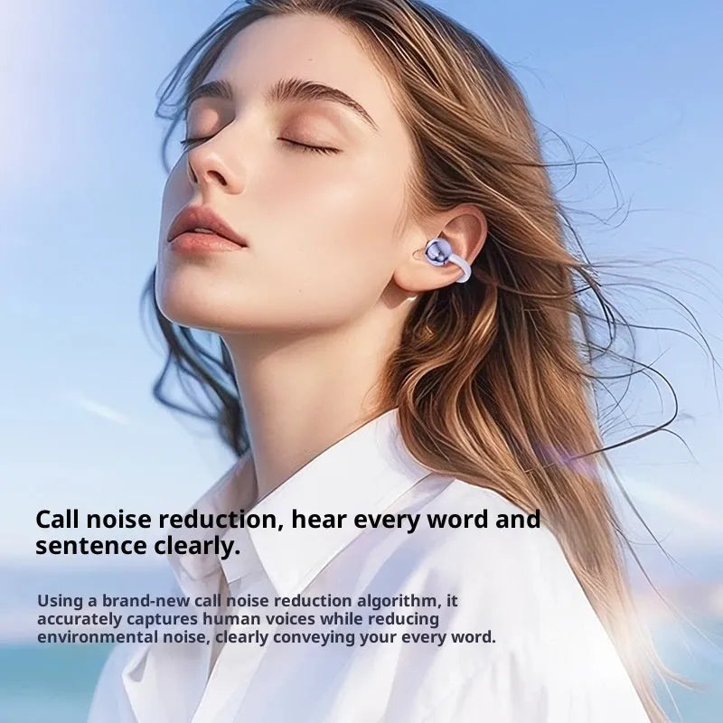 Ear clip wireless Bluetooth headphones with silicone earpieces, sporty style, shown in Aurora Purple, Chaos Black, or Elegant Skin