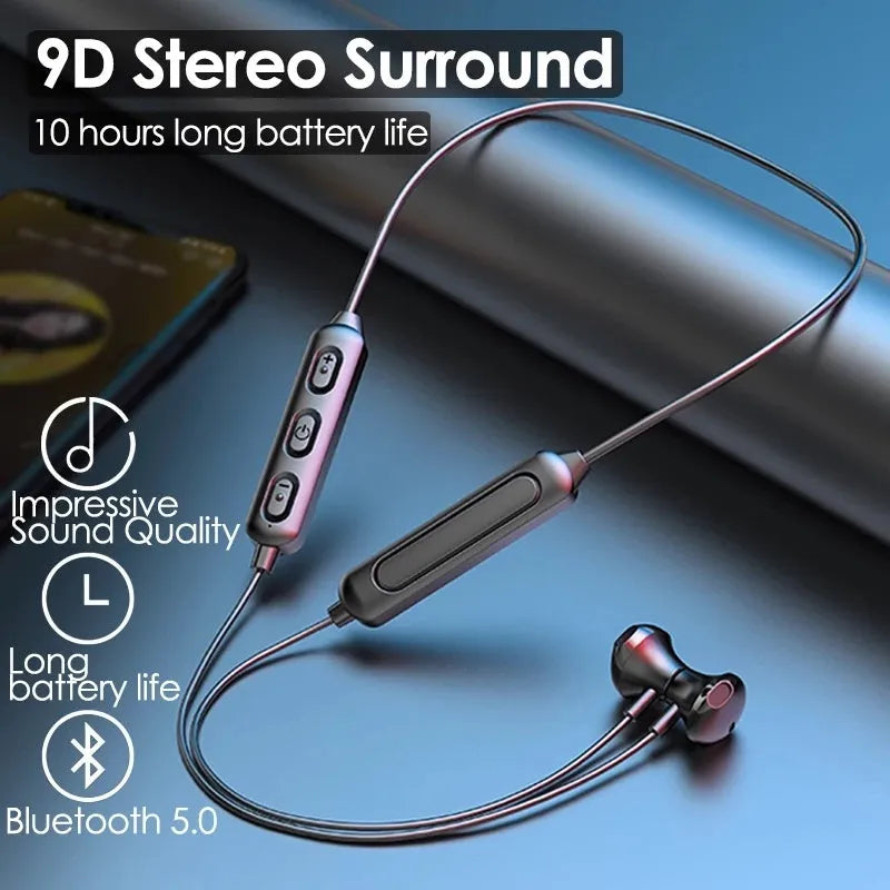 Black neck-mounted wireless sports earphones with Bluetooth 5.0 and neck-hanging design for active use