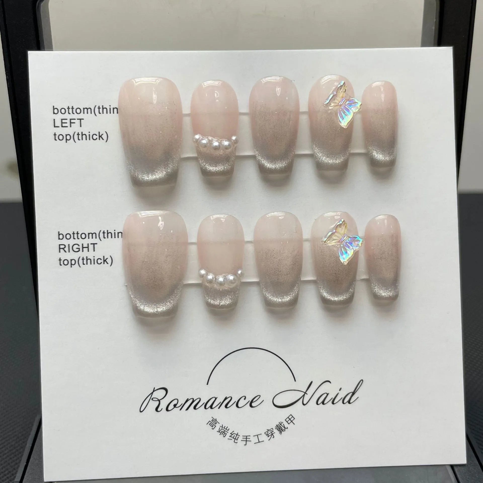 Women's handmade manicure set with blush armour style in 14-short ladder A colour, showing size options XS to L