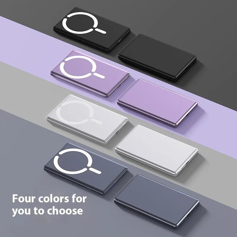 Ultra-thin magnetic power bank in dark grey showing 9mm profile and iPhone attachment