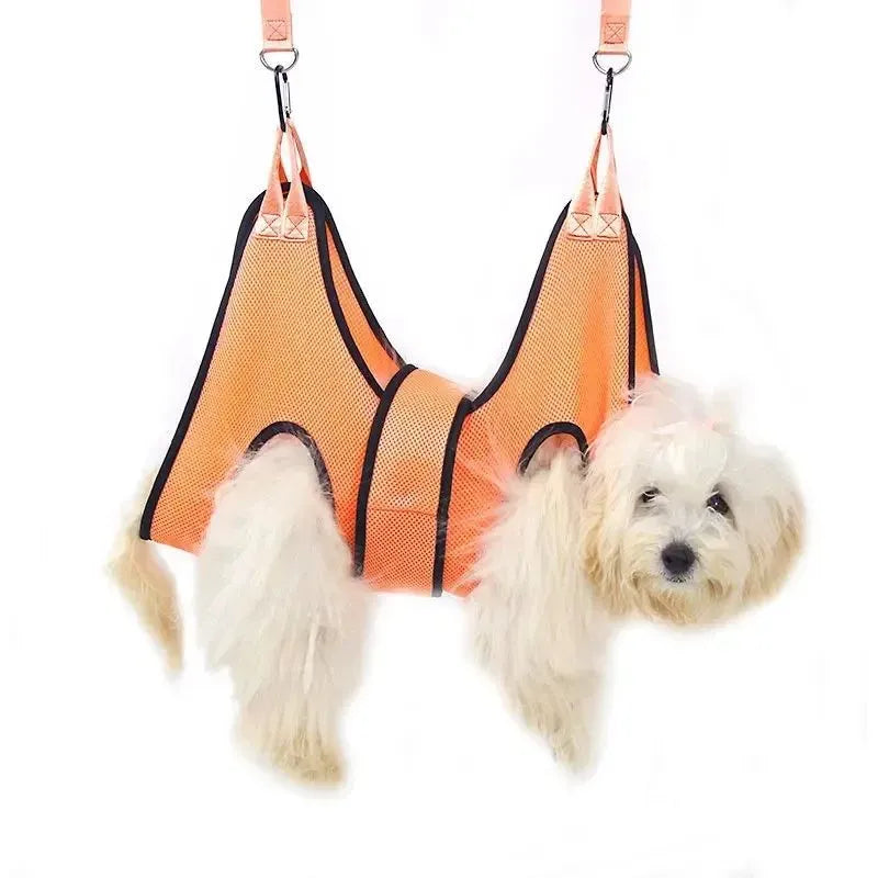 Cat grooming restraint bag with four adjustable openings hanging as a hammock