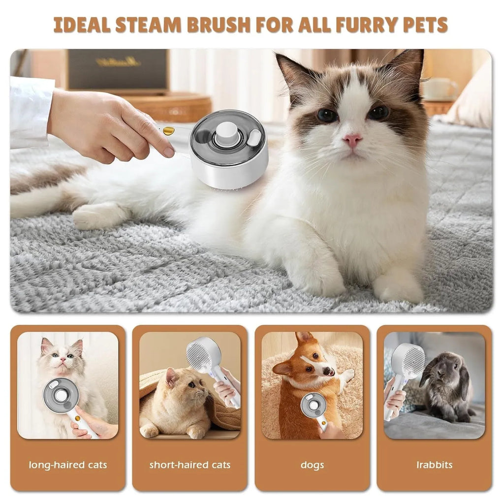 Pink and white cat steam brush with transparent water tank and stainless steel bristles for pet grooming