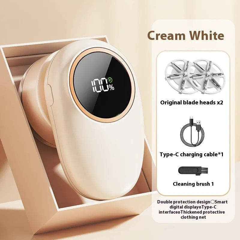 Digital display fur ball trimmer with configurable cutter heads in beige or purple colour options