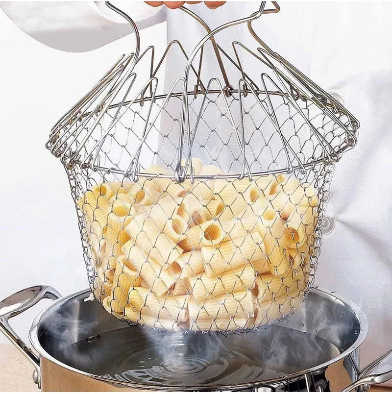 Stainless steel deep fry basket with foldable handle, showing water-permeable grid design for kitchen use