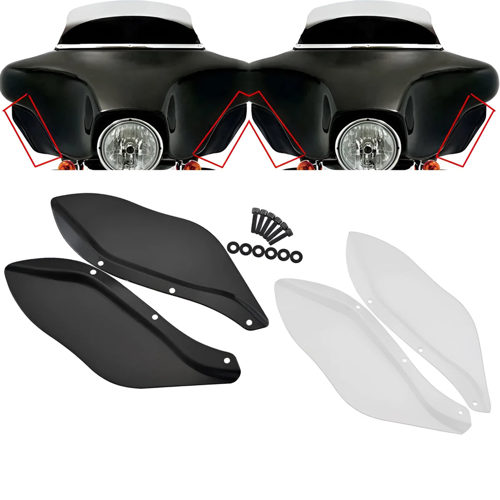 A pair of black and transparent ABS plastic side wing head covers for a Harley-Davidson Touring motorcycle.