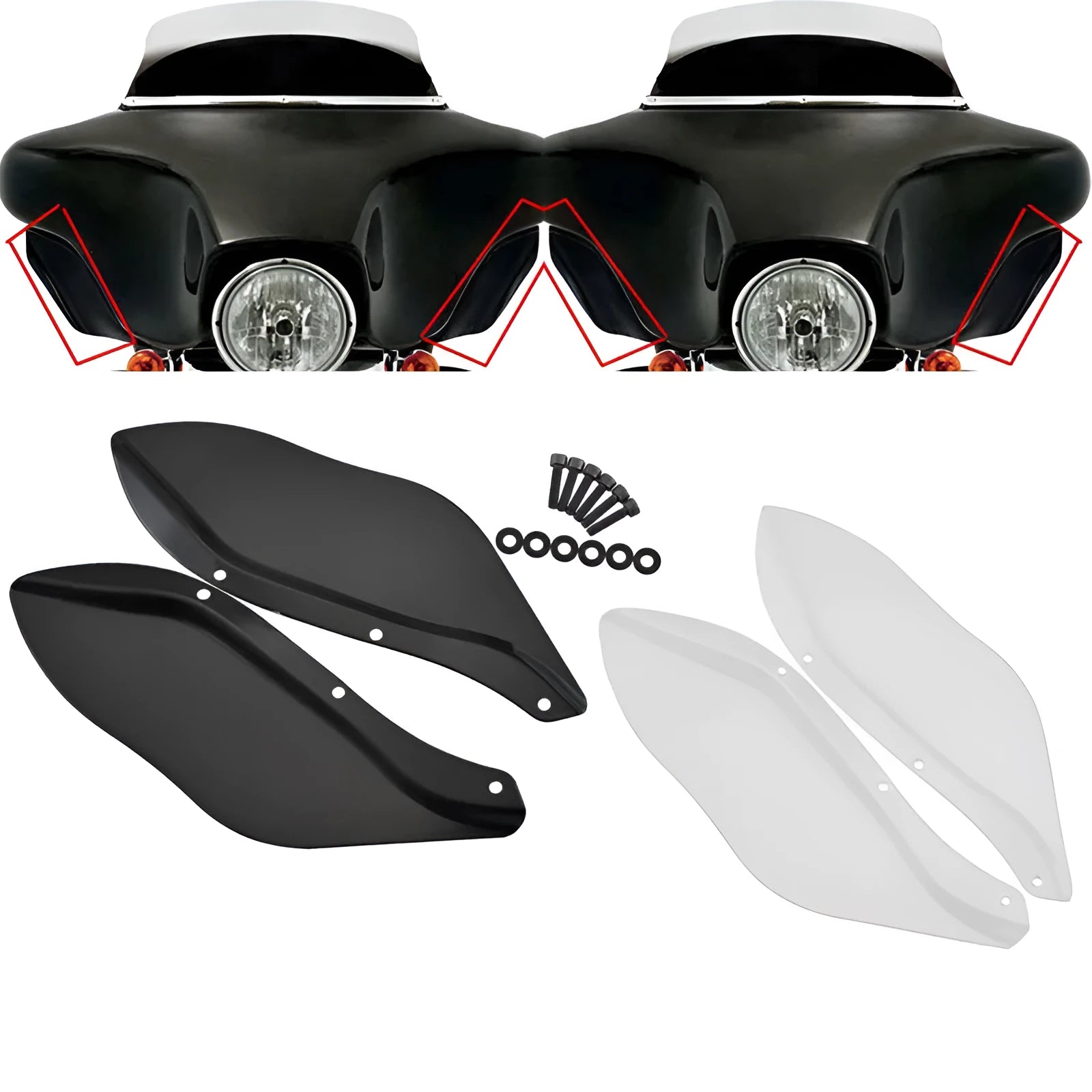 A pair of black and transparent ABS plastic side wing head covers for a Harley-Davidson Touring motorcycle.