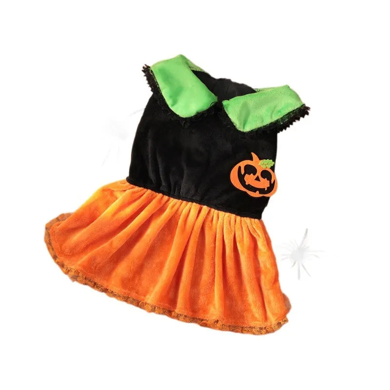 Halloween pumpkin skirt and sweater pet costumes for dogs and cats in crystal velvet material