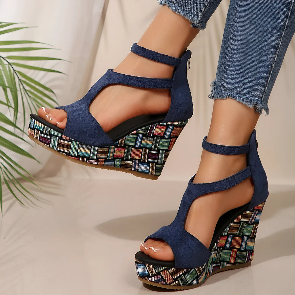 Women's thick-soled ankle-strap slope sandals with buckle closure and hemp-patterned rubber sole