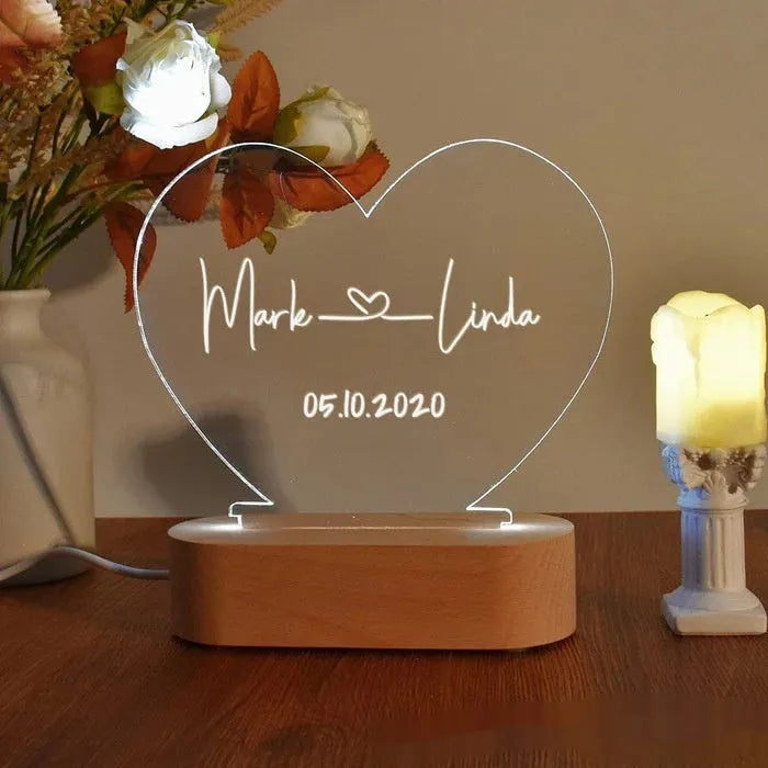 Custom LED night light with personalised text on 20cm x 11.5cm transparent acrylic plate, USB cable connected