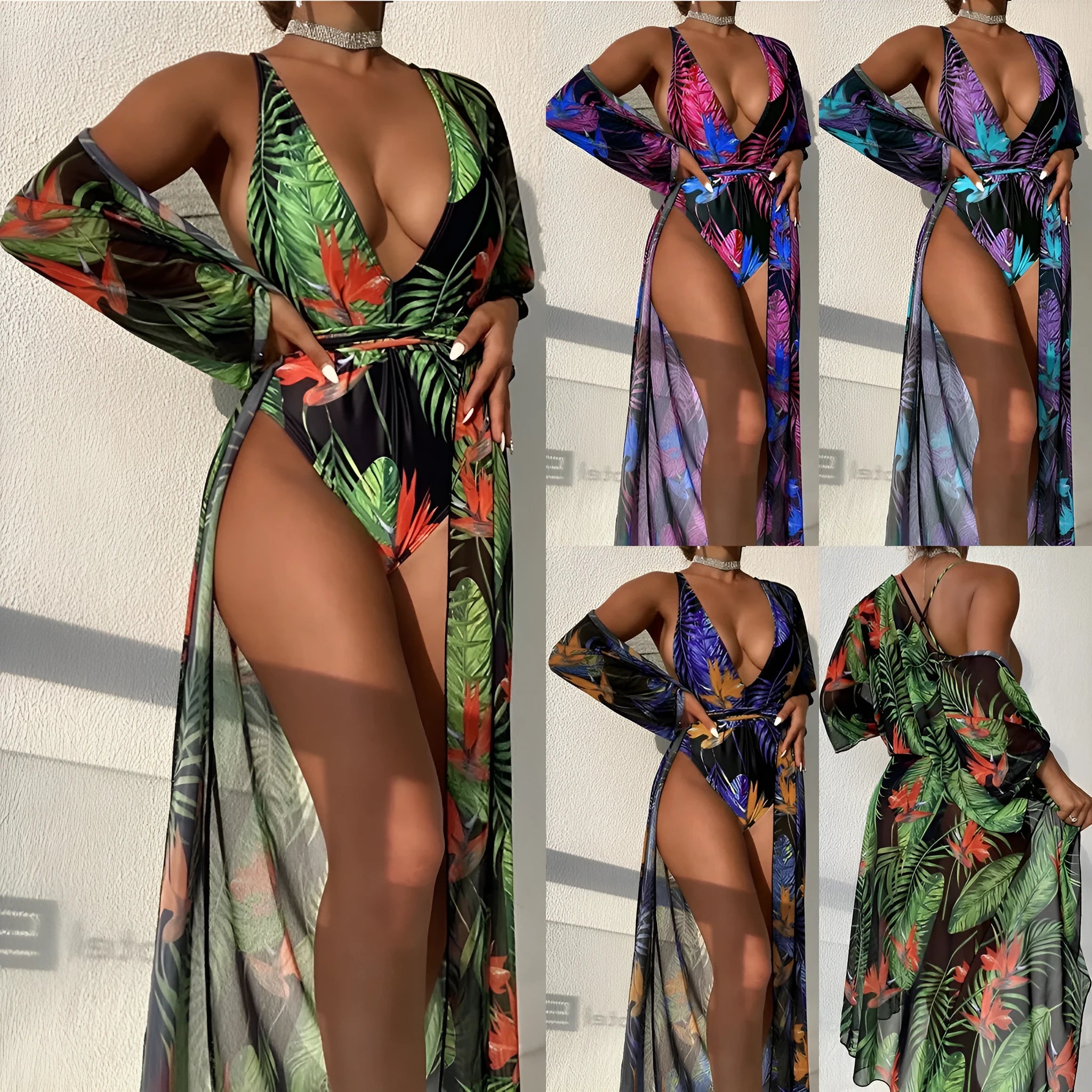 Women's three-piece polyester swimsuit set showing one-piece swimsuit and matching cover-up coat in one of four available patterns.