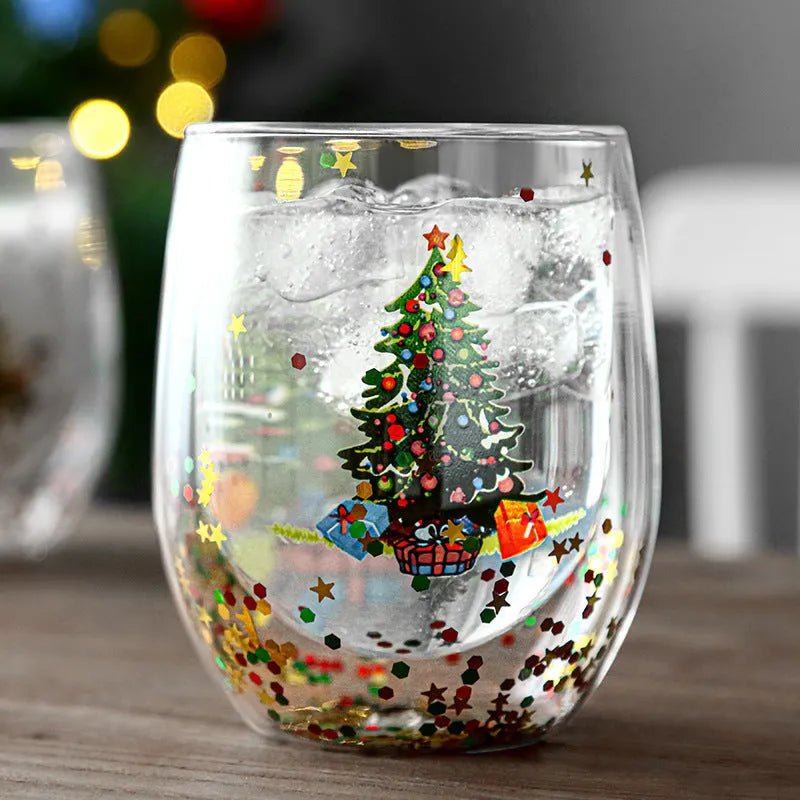 Christmas tree cup with flowing sequins and floral pattern, double-layer high boron silicon, 301-400ml, egg-shaped coffee cup
