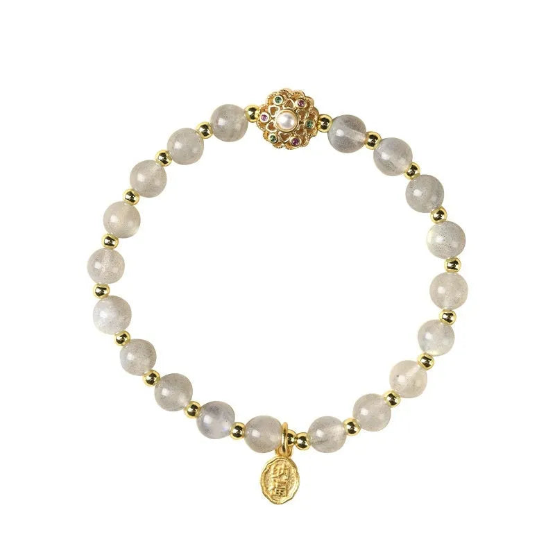 Hand-woven crystal bracelet with grey moonstone, pink sunstone, and peach strawberry quartz 6mm beads