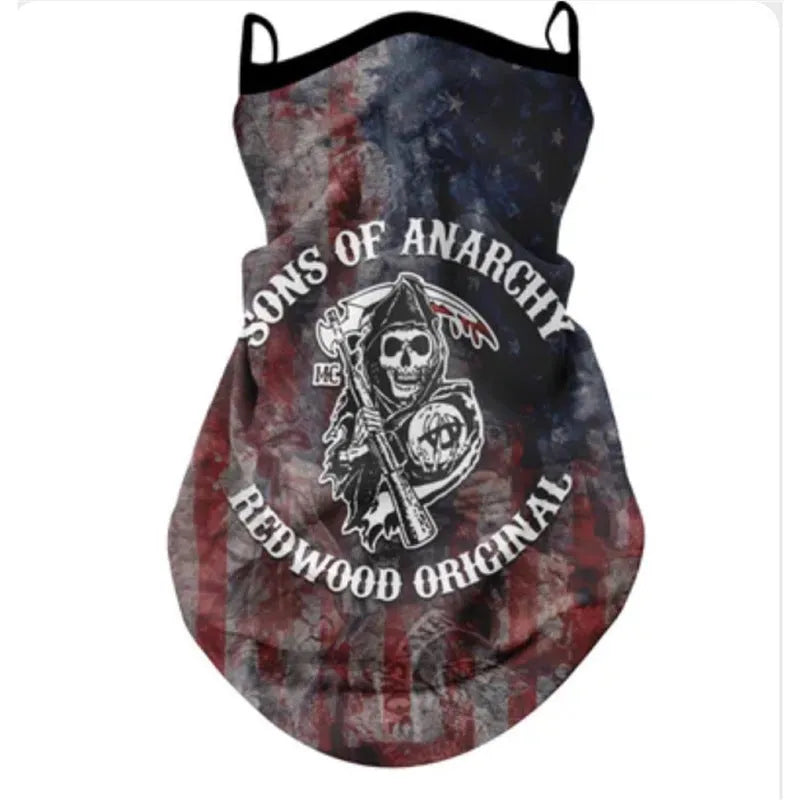 Lycra full face and neck sun mask showing printed design variations