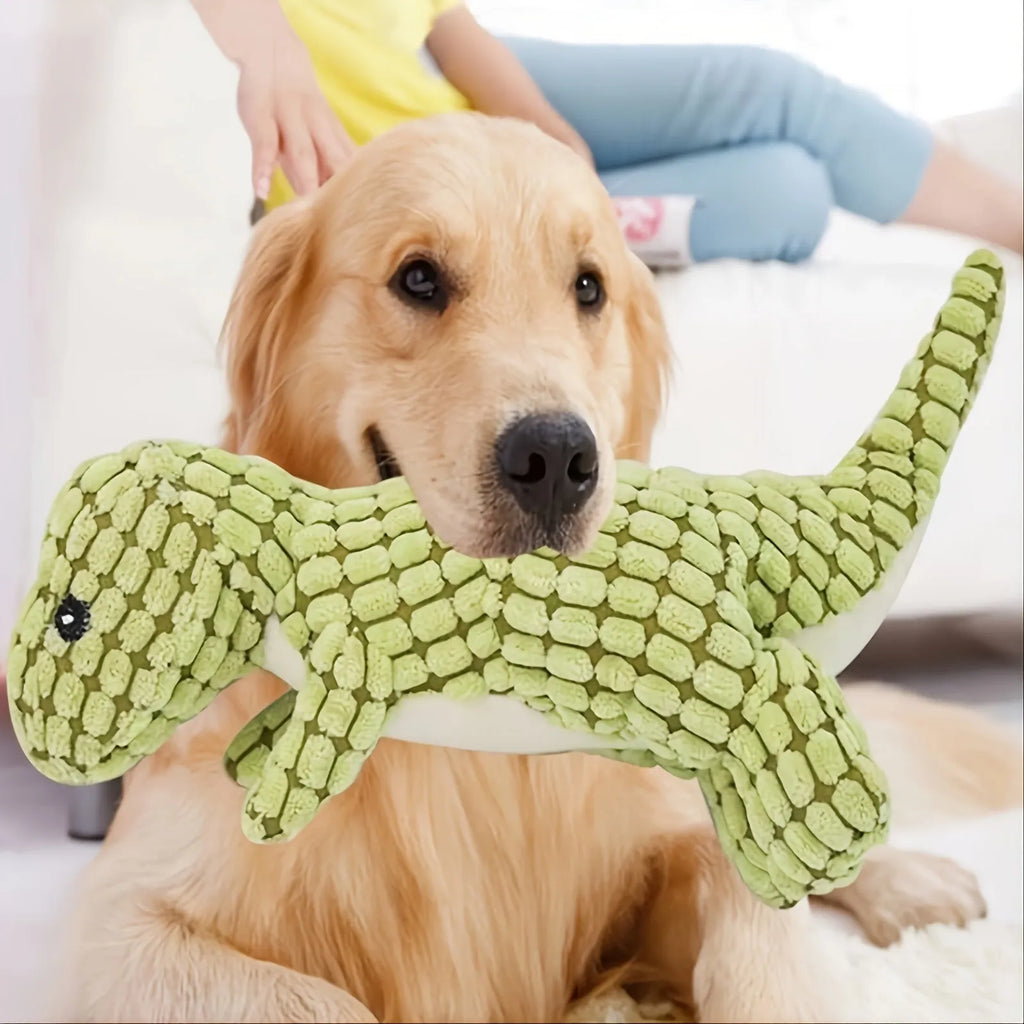 Interactive dog toy with sound mechanism, bite-resistant construction, measuring 35x22x11cm