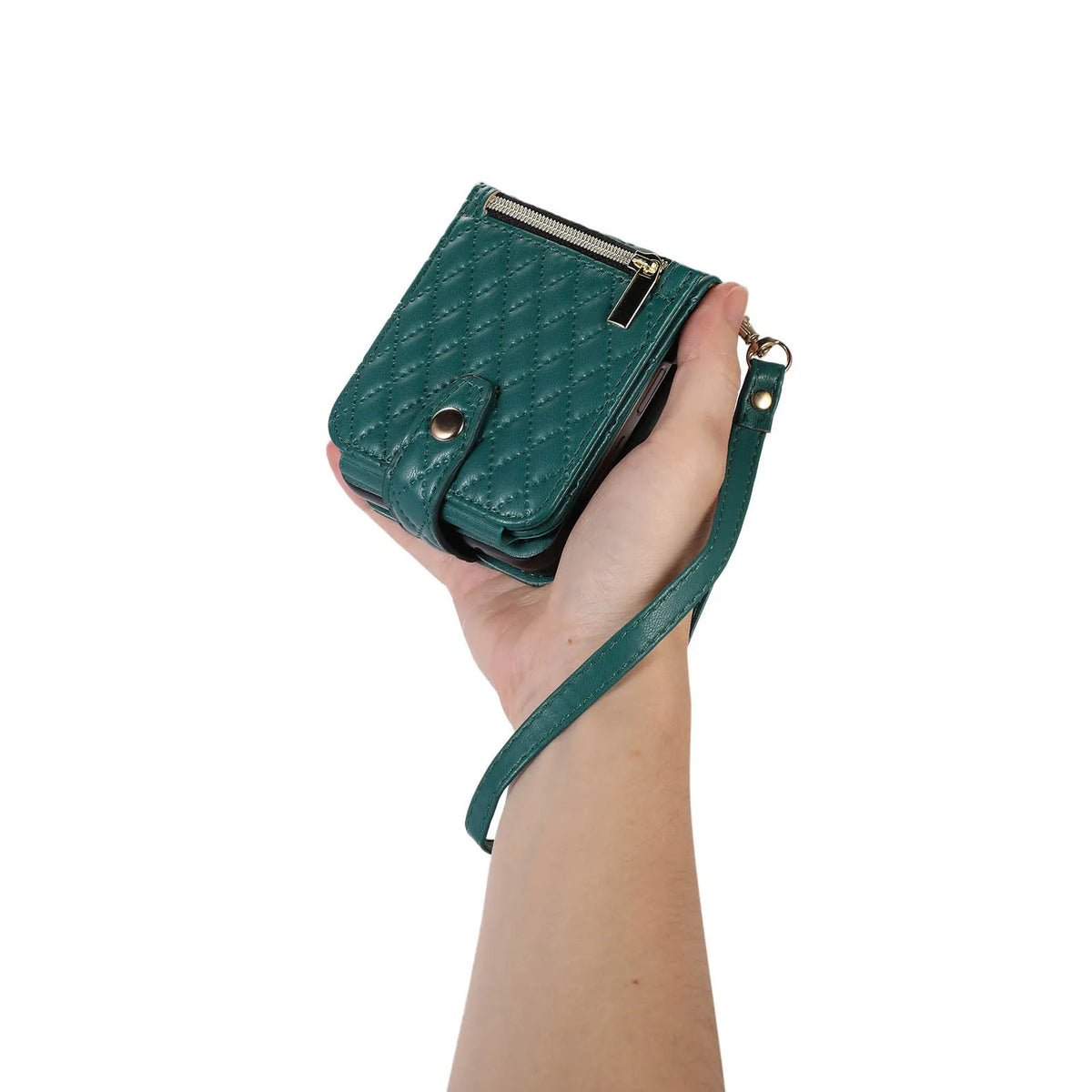 Crossbody PU leather phone case for Samsung Z Flip with card slot, zipper bag, and lanyard in black.