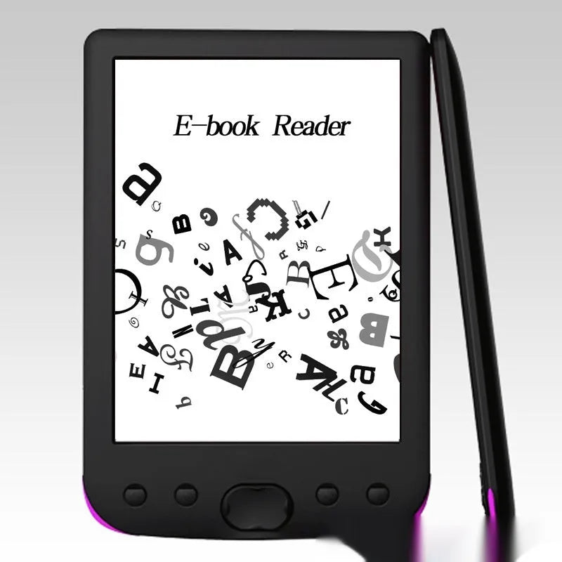 Black 6-inch E-ink screen e-book reader on a table.